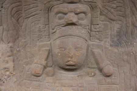 Detail of a Mayan stele at the Quirigua site, Guatemalaの写真素材