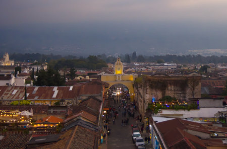 The city of Antigua at night, Guatemalaの写真素材