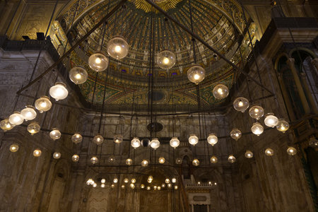 View of the interior chandeliers in the Mosque of Muhammad Ali Pasha, Egypt