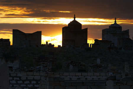 View of the Shakpak Ata necropolis at sunset, Kazakhstanの写真素材