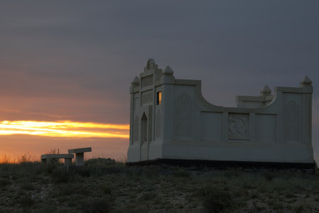 View of the Shakpak Ata necropolis at sunset, Kazakhstanの写真素材