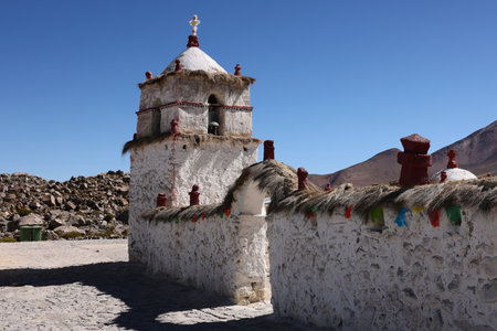 The church in the pretty village of Parinacota, Chileの写真素材