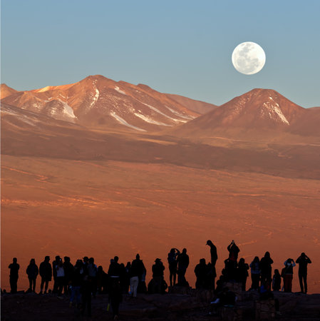 Spectacular moon over the Atacama Desert at sunset, Chileの写真素材