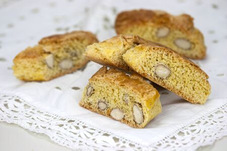 Cantucci, a tipical tuscan biscuits, on a white table.の写真素材