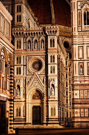 Frontage of the Cathedral Santa Maria of the Flowers, Piazza del Duomo, Florence, Tuscany, Italy, Europe. The Huge Cathedral's Door keep an Eye around during the Night.の写真素材