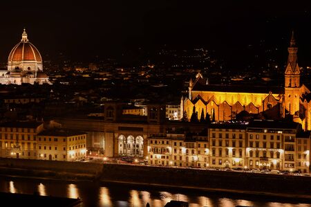 Panoramic of the Cathedral Santa Croce and the Duomo - Piazzale Michelangelo, Florence, Tuscany, Italy, Europe Close to each other, the Two Monuments are facing the Night together.の写真素材
