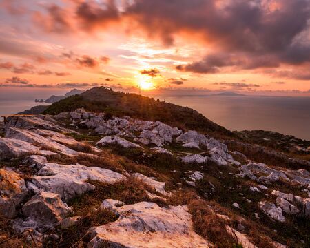 Punta Campanella between Sun and Clouds, Punta Campanella, Amalfi coast, Province of Naples, Campania, Italyの写真素材