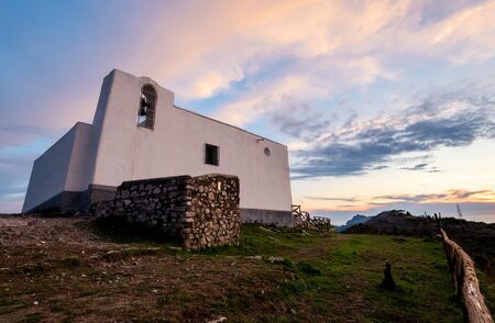 San Costanzo Church under Sunset, Punta Campanella, Amalfi coast, Province of Naples, Campania, Italyの写真素材