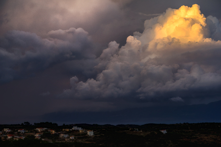 Big clouds of a storm hovering the Sea between Peloponnese and Kythira, Cyclades, Ionan and Mediterranean Sea, Greece, Europe.の写真素材