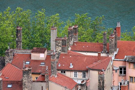 Rooftops and chimneys, Lyon, Franceの写真素材