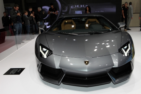 The new Lamborghini Aventador displayed at the 2012 Paris Motor Show on September 30, 2012 in Parisのeditorial素材