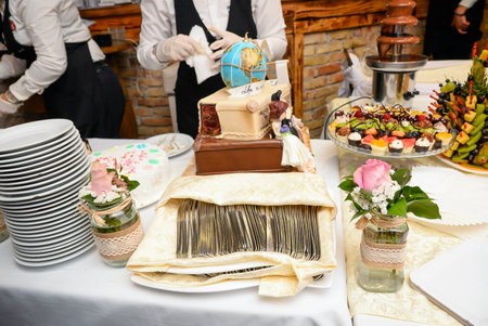 A serving table with a wedding cake, a chocolate fountain, fruit decorations and small cakes in various colors.の写真素材