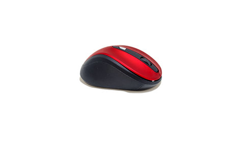 Red black computer mouse on a white background from several anglesの写真素材
