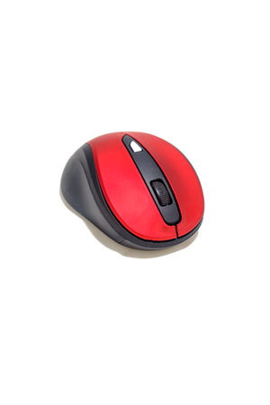 Red black computer mouse on a white background from several anglesの写真素材