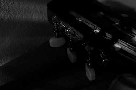 Close-up photo of an acoustic guitar with shadows. Guitar strings, neck, frets and bodyの写真素材