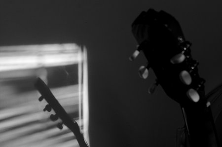 Close-up photo of an acoustic guitar with shadows. Guitar strings, neck, frets and body