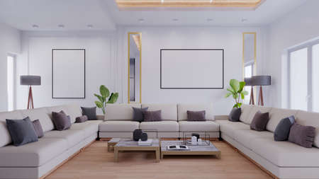 Bright interior with 2 posters and mirrors on the wall. 3d rendering