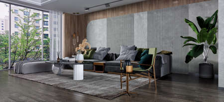 Modern interior style with grey sofa, pillows in earth colors, concrete and wood wall, 3d rendering