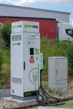 Zvolen, Slovakia - June, 26, 2021 : EV charging station or electric vehicle supply equipment (EVSE) placed in the Shopping mall for public use.のeditorial素材