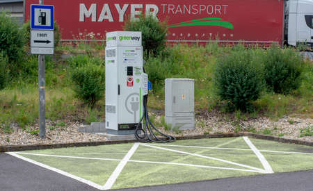 Zvolen, Slovakia - June, 26, 2021 : EV charging station or electric vehicle supply equipment (EVSE) placed in the Shopping mall for public use.のeditorial素材