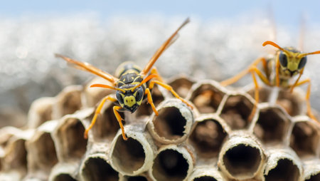 European wasp (Vespula germanica) building a nest to start a new colony in the greenhouse.の写真素材