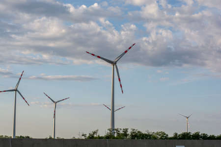 Wind turbines or windmills generating electricity. Renewable electric energy production. Vienna. Austria.の写真素材