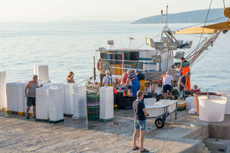 Moscenicka draga, Croatia - August, 13, 2021 : Fishermen sorting out the catch in the harbor of Moscenicka Draga in the early morning.のeditorial素材