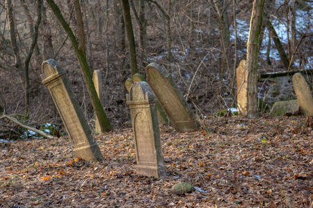 Old ancient abandoned jewish cemetery in the forest in the winter. Aged tombstones or gravestones in the graveyard.の写真素材