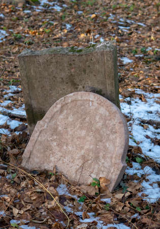 Old ancient abandoned jewish cemetery in the forest in the winter. Aged tombstones or gravestones in the graveyard.の写真素材