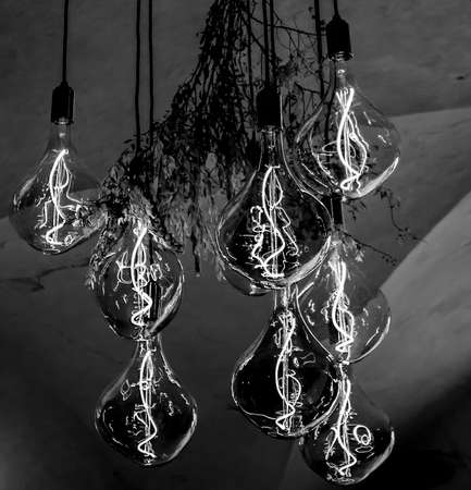 Decorative antique edison style filament light bulbs hanging from the ceiling.の写真素材