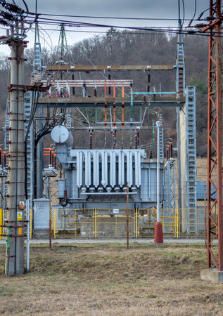 High voltage electrical transformer substation. Power station. Power line.の写真素材