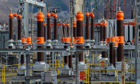High voltage electrical transformer substation. Power station. Power line.の写真素材