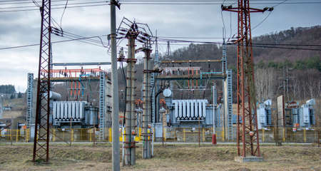 High voltage electrical transformer substation. Power station. Power line.の写真素材