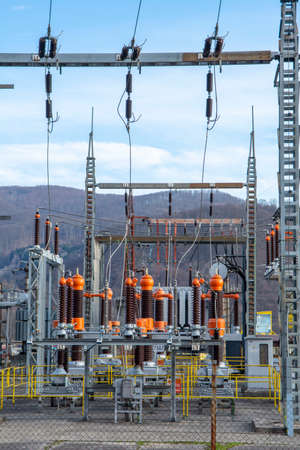 High voltage electrical transformer substation. Power station. Power line.の写真素材