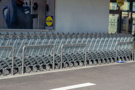 Nova Bana, Slovakia - March, 18 , 2022 : Lidl shop Sign. Brand logo. Lidl is a German international...