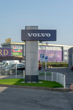 Bratislava, Slovakia - October, 16, 2022 : Volvo automobile dealership sign and logo. Volvo is a Swedish car manufacturer.のeditorial素材