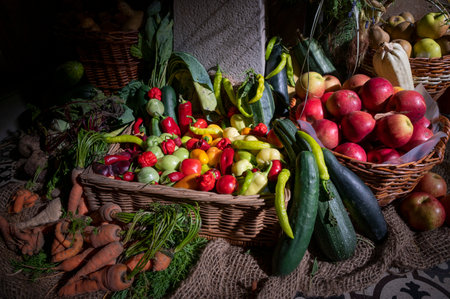 Fresh organic vegetables in an old wicker basket freshly harvested from vegetable garden.の写真素材