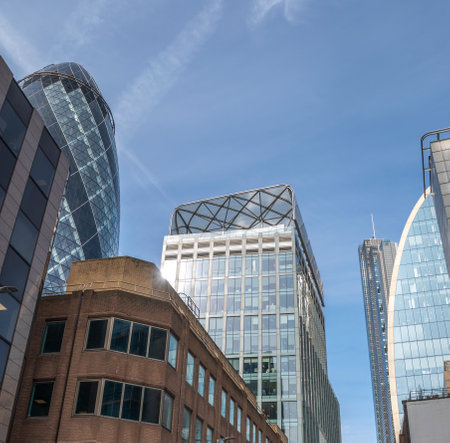 London skyline, office buildings in the city financial business district. Modern city building architecture with glass fronts. London. UK.の写真素材