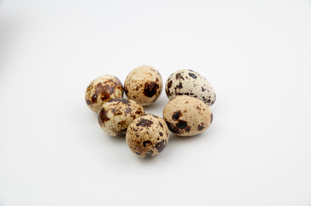 The Common quail (Coturnix coturnix) eggs on a white background.の写真素材