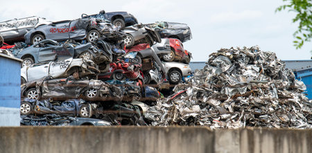 Pile of crushed cars in a junkyard. Car recycling.の写真素材