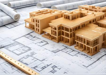 Architectural model of houses on blueprint drawingの素材