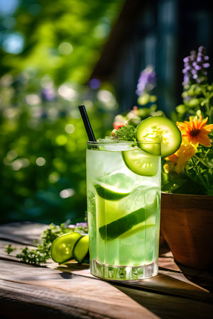 Cucumber cool cocktail centered on a rustic picnic tableの素材