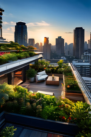 Luxury balcony with view of skyline and cityscape at sunsetの素材