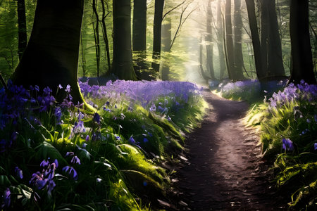 path leading through a forest carpeted with bluebellsの素材