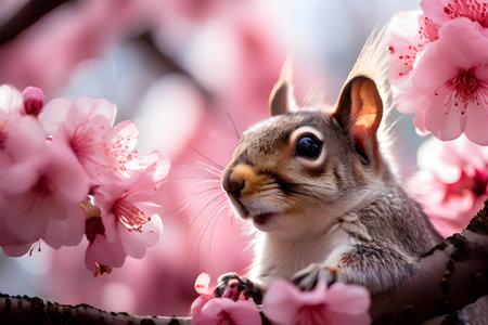 Squirrel navigates through cherry blossom branchesの素材