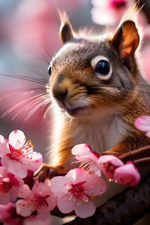 Squirrel navigates through cherry blossom branchesの素材