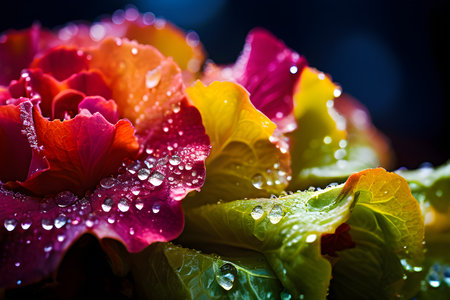 lettuce leaves embedded with vividly colored edible flowers textures and colorsの素材