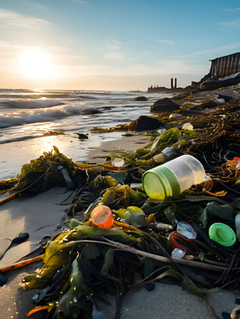 plastic waste on a sandy beachの素材