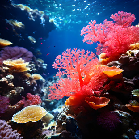 deep sea coral colony in vibrant hues nestled in the oceans abyss untroubled by marine inhabitantsの素材