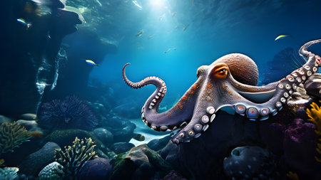 deep sea octopus embedded in a rugged subaqueous sceneryの素材